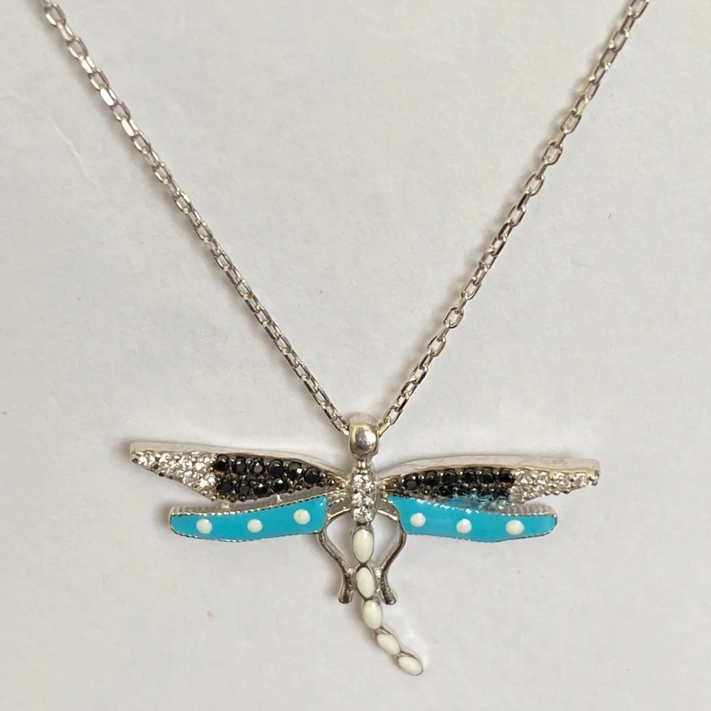 925 Silver dragonfly necklace blue enamel clear / black cubic zirconia cz stones